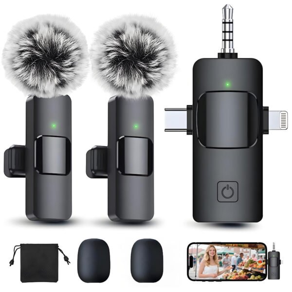 3-in-1 Wireless Lavalier Microphone Compatible for iPhone, Android, PC & Camera, Plug & Play Clip-on Mic with Clear Sound for Gaming, Live Streaming,Recording