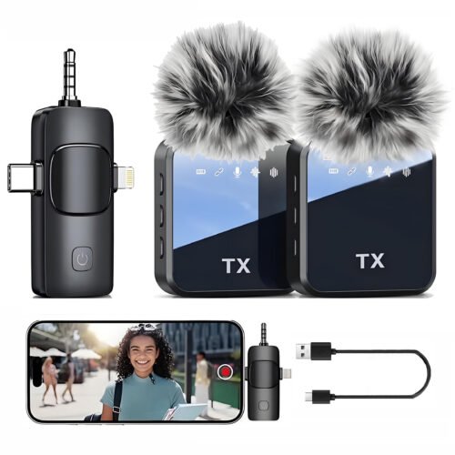 3-in-1 Wireless Lavalier Microphone Compatible for iPhone, Android & Camera, Mini Clip-On Mic with 150ft Transmission, 18H Battery, Plug & Play for Interview, Vlog, Recording