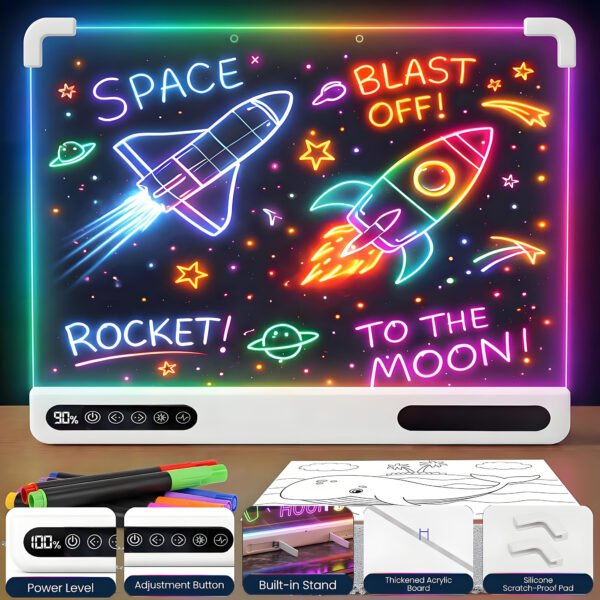 Led Drawing Board Rechargeable,Power Display&Touch Control,7 Color Lights,4 light Effects,Built‑in Stand,Wall‑Mount Ready,7 Markers,Tracing Book Included