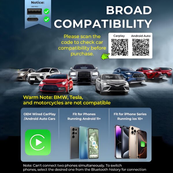 2-in-1 Wireless CarPlay & Android Auto Adapter, Plug-and-Play Car Adapter, Fast A7 Chip,USB and Type C Auto-Reconnect, Stable Converter for Cars 2016+