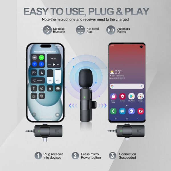 3-in-1 Wireless Lavalier Microphone Compatible for iPhone, Android, PC & Camera, Plug & Play Clip-on Mic with Clear Sound for Gaming, Live Streaming,Recording