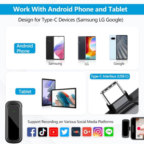 Wireless Lavalier Microphone for Android Phone, Mini Clip-On Mic with AI Noise Cancellation, Plug & Play 2.4GHz Mic for Vlogging, Live Streaming