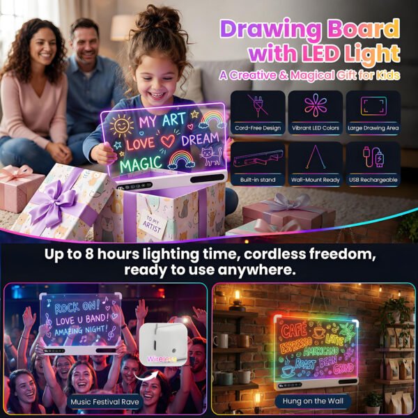 Led Drawing Board Rechargeable,Power Display&Touch Control,7 Color Lights,4 light Effects,Built‑in Stand,Wall‑Mount Ready,7 Markers,Tracing Book Included