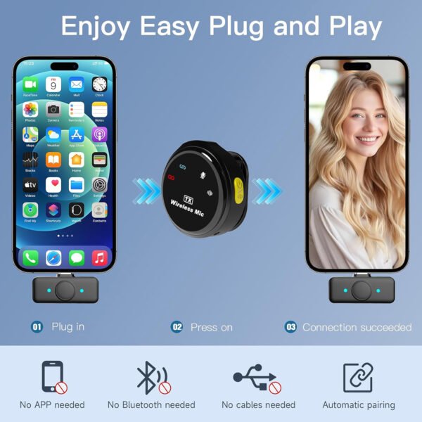Wireless Lavalier Microphone Compatible with iPhone, Android Mini 2.4GHz Clip-On Mic with Noise Cancellation, 50m Range, 15H Battery, Plug & Play for Vlogging, YouTube, TikTok, Live Streaming