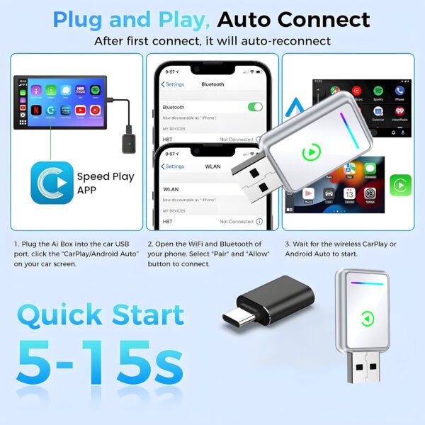 2-in-1 Wireless CarPlay & Android Auto Adapter, Plug-and-Play Car Adapter, Fast A7 Chip,USB and Type C Auto-Reconnect, Stable Converter for Cars 2016+