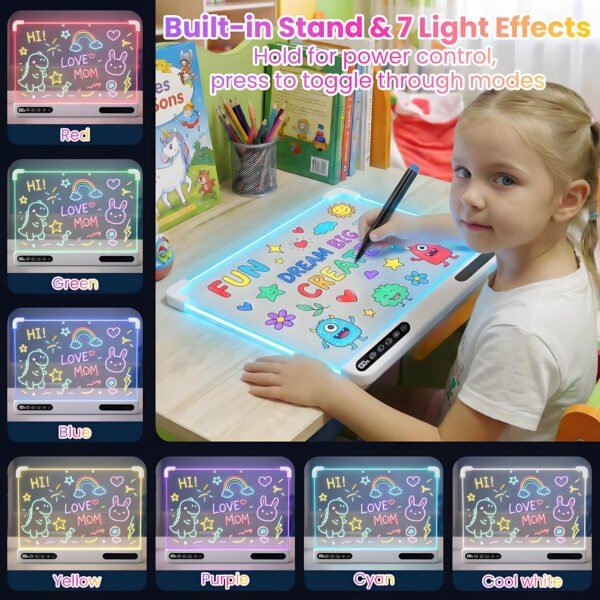 Led Drawing Board Rechargeable,Power Display&Touch Control,7 Color Lights,4 light Effects,Built‑in Stand,Wall‑Mount Ready,7 Markers,Tracing Book Included