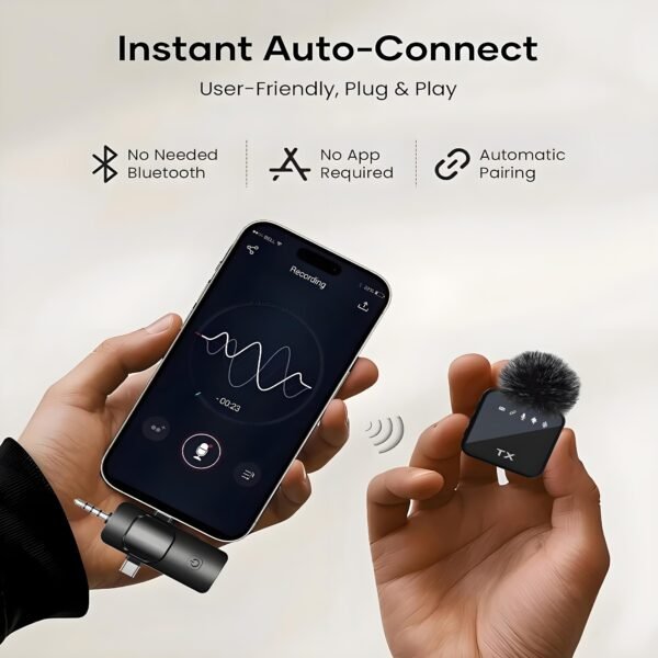 3-in-1 Wireless Lavalier Microphone Compatible for iPhone, Android & Camera, Mini Clip-On Mic with 150ft Transmission, 18H Battery, Plug & Play for Interview, Vlog, Recording