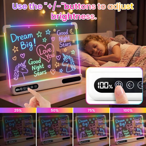 Led Drawing Board Rechargeable,Power Display&Touch Control,7 Color Lights,4 light Effects,Built‑in Stand,Wall‑Mount Ready,7 Markers,Tracing Book Included
