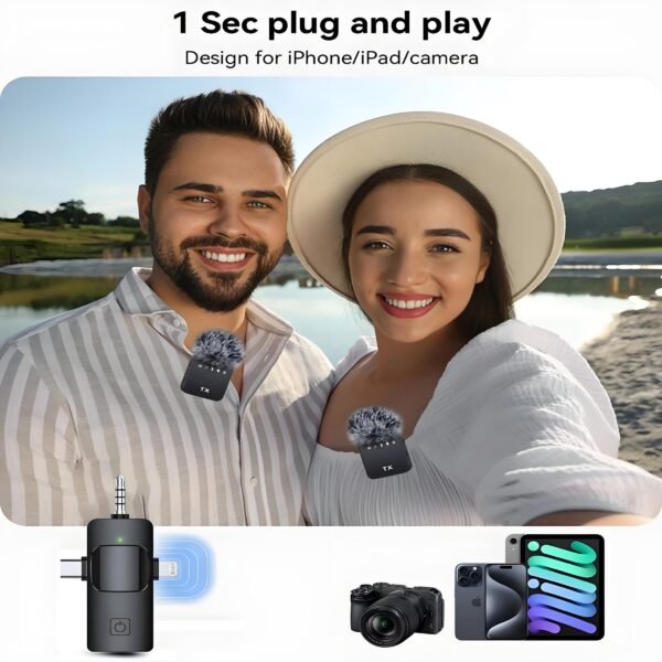 3-in-1 Wireless Lavalier Microphone Compatible for iPhone, Android & Camera, Mini Clip-On Mic with 150ft Transmission, 18H Battery, Plug & Play for Interview, Vlog, Recording