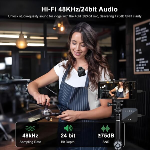 3-in-1 Wireless Lavalier Microphone Compatible for iPhone, Android & Camera, Mini Clip-On Mic with 150ft Transmission, 18H Battery, Plug & Play for Interview, Vlog, Recording