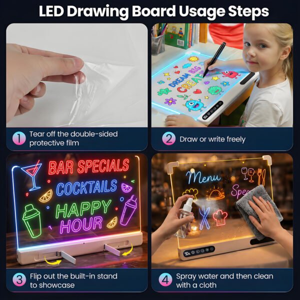 Led Drawing Board Rechargeable,Power Display&Touch Control,7 Color Lights,4 light Effects,Built‑in Stand,Wall‑Mount Ready,7 Markers,Tracing Book Included