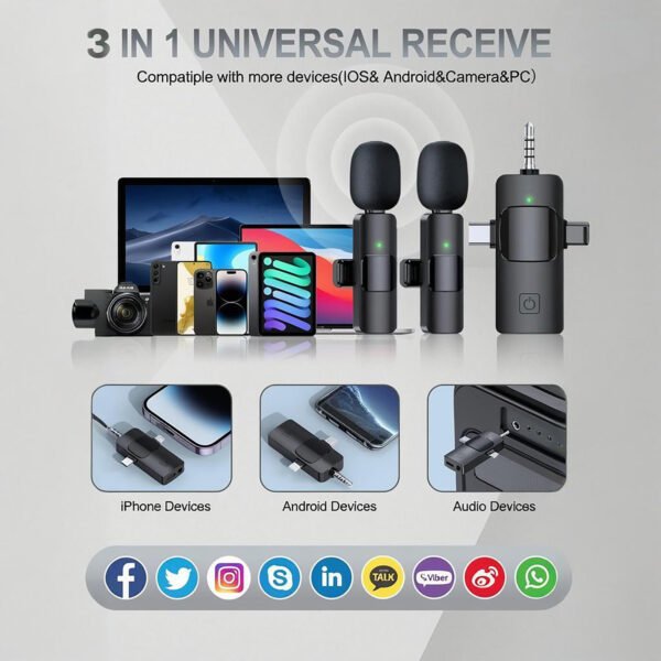 3-in-1 Wireless Lavalier Microphone Compatible for iPhone, Android, PC & Camera, Plug & Play Clip-on Mic with Clear Sound for Gaming, Live Streaming,Recording