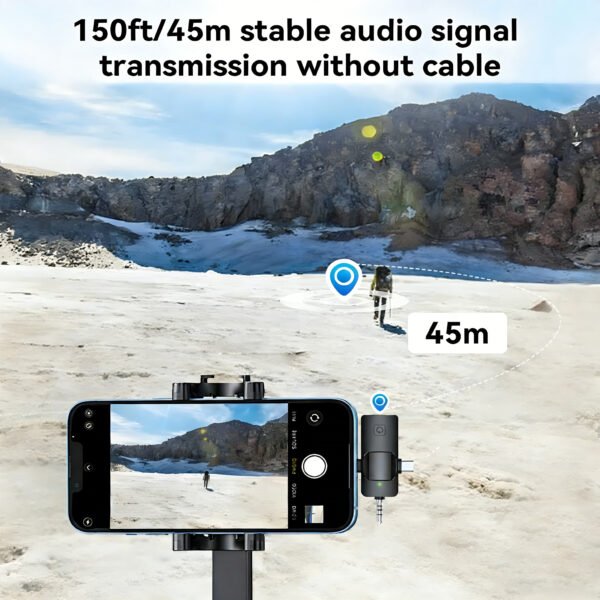 3-in-1 Wireless Lavalier Microphone Compatible for iPhone, Android & Camera, Mini Clip-On Mic with 150ft Transmission, 18H Battery, Plug & Play for Interview, Vlog, Recording