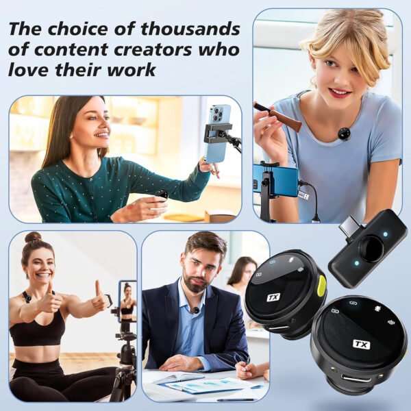 Wireless Lavalier Microphone Compatible with iPhone, Android Mini 2.4GHz Clip-On Mic with Noise Cancellation, 50m Range, 15H Battery, Plug & Play for Vlogging, YouTube, TikTok, Live Streaming
