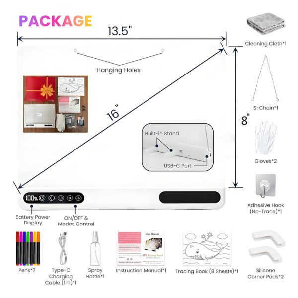Led Drawing Board Rechargeable,Power Display&Touch Control,7 Color Lights,4 light Effects,Built‑in Stand,Wall‑Mount Ready,7 Markers,Tracing Book Included