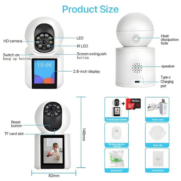 1080P Wifi Video Baby Monitor with 2.8" HD Ips Screen, Two-Way Audio, Remote App Control, Night Vision Indoor Camera for Baby & Pet Monitoring, TF Card Support