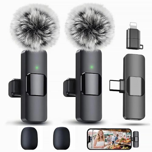 2-in-1 Wireless Lavalier Microphone Compatible for iPhone & Android, Plug & Play Clip-On Mic with Noise Cancellation for Gaming, Live Streaming, Vlog