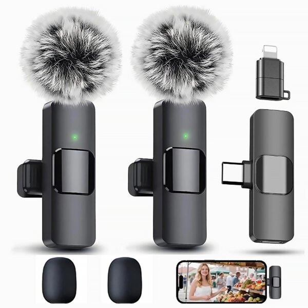 2-in-1 Wireless Lavalier Microphone Compatible for iPhone & Android, Plug & Play Clip-On Mic with Noise Cancellation for Gaming, Live Streaming, Vlog