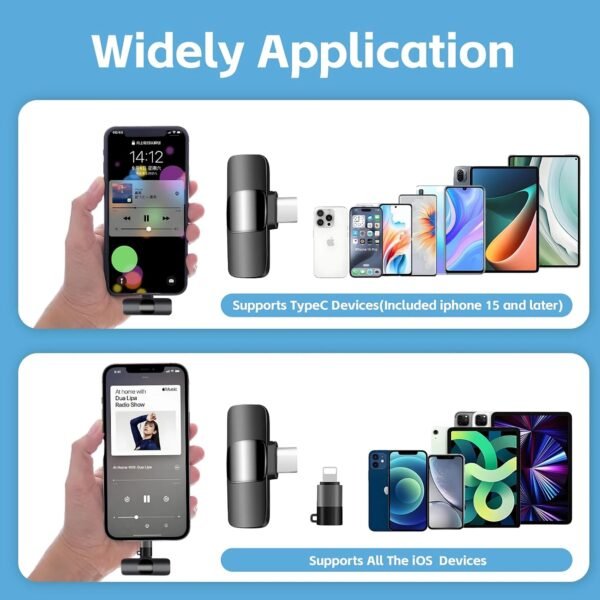 2-in-1 Wireless Lavalier Microphone Compatible for iPhone & Android, Plug & Play Clip-On Mic with Noise Cancellation for Gaming, Live Streaming, Vlog