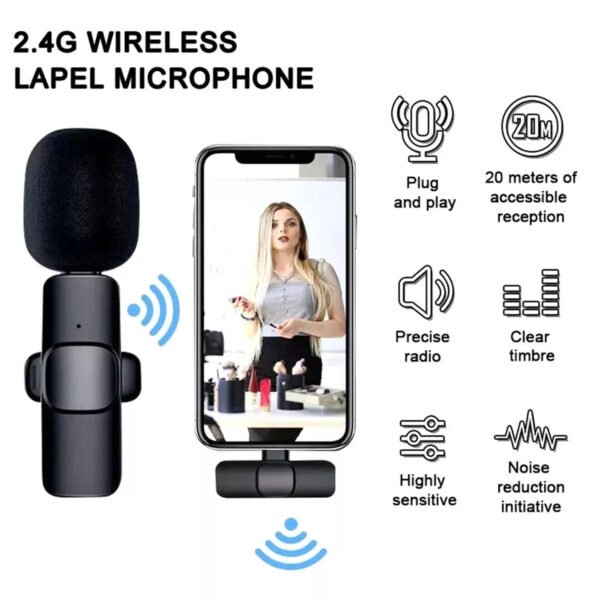 2-in-1 Wireless Lavalier Microphone Compatible for iPhone & Android, Plug & Play Clip-On Mic with Noise Cancellation for Gaming, Live Streaming, Vlog
