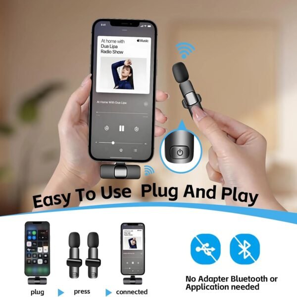 2-in-1 Wireless Lavalier Microphone Compatible for iPhone & Android, Plug & Play Clip-On Mic with Noise Cancellation for Gaming, Live Streaming, Vlog