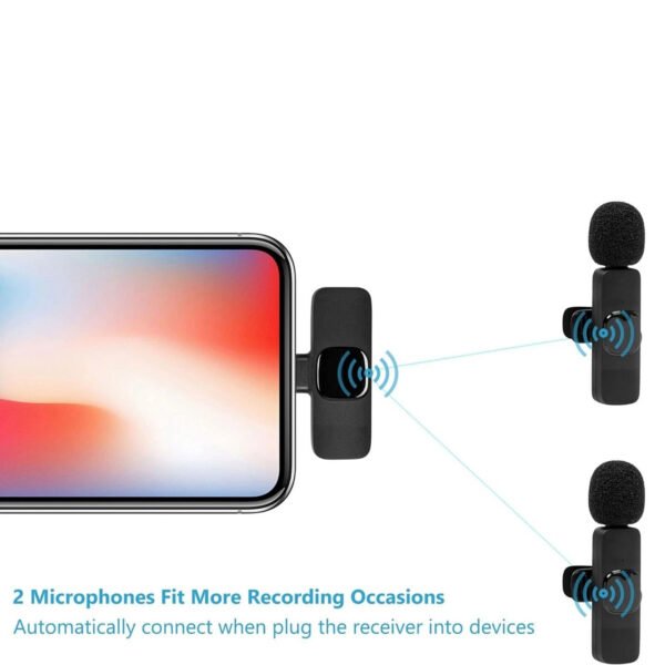 2-in-1 Wireless Lavalier Microphone Compatible for iPhone & Android, Plug & Play Clip-On Mic with Noise Cancellation for Gaming, Live Streaming, Vlog