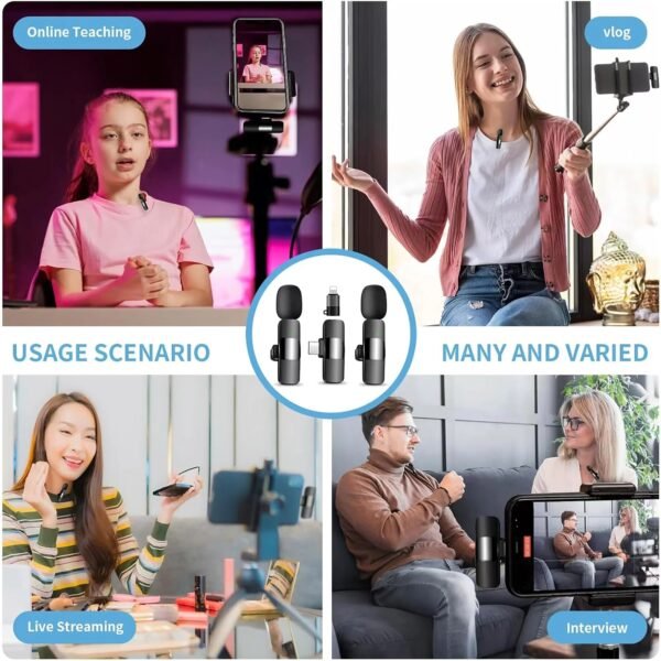 2-in-1 Wireless Lavalier Microphone Compatible for iPhone & Android, Plug & Play Clip-On Mic with Noise Cancellation for Gaming, Live Streaming, Vlog