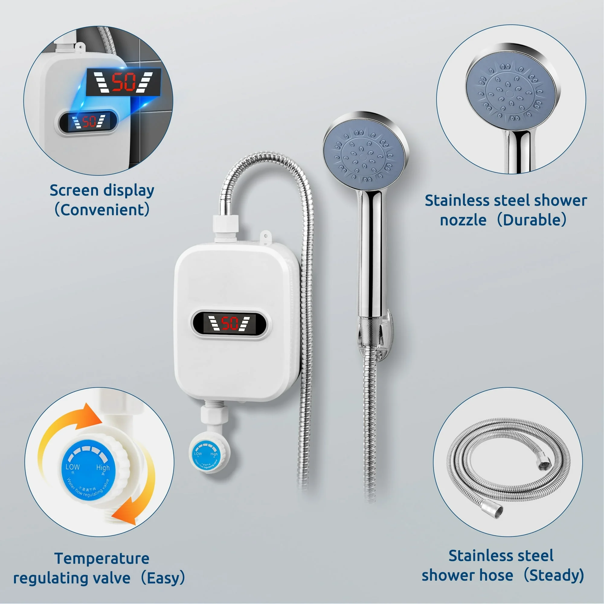 3500W Tankless Instant Hot Water Heater Shower Head Set with LCD Display for Bathroom - Image 6