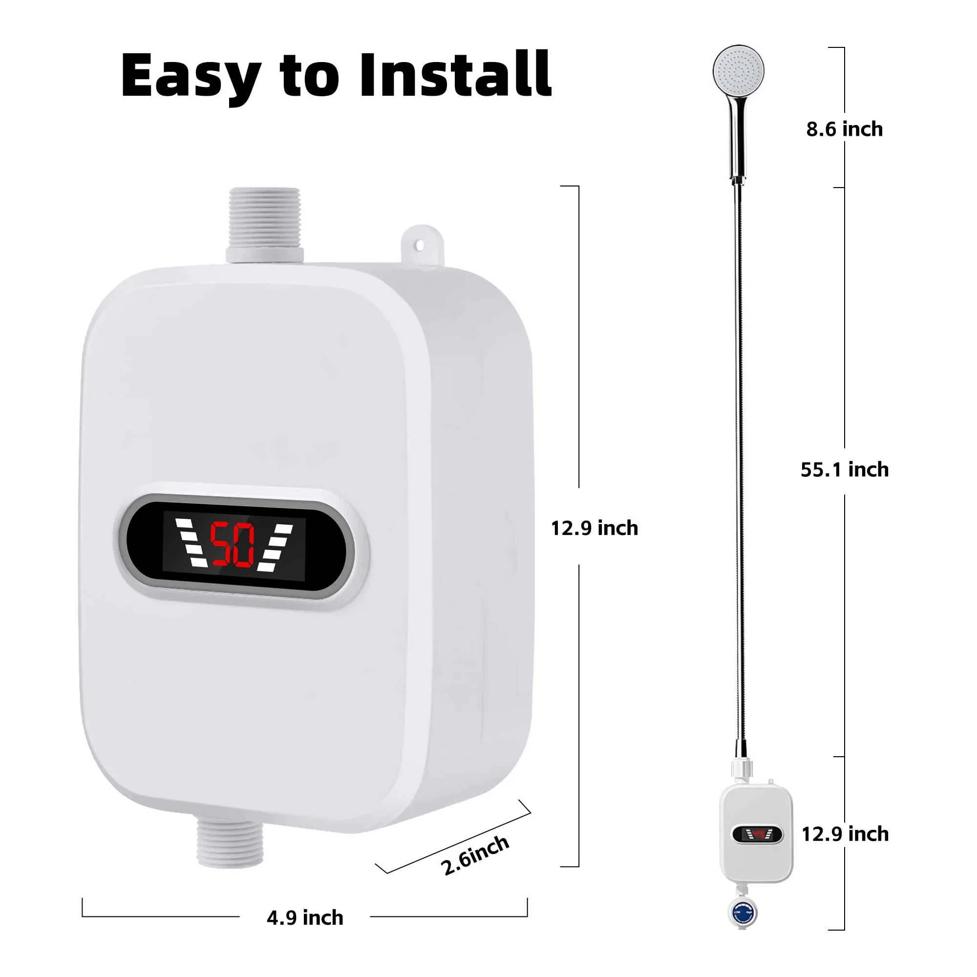 3500W Tankless Instant Hot Water Heater Shower Head Set with LCD Display for Bathroom - Image 8
