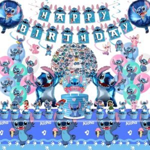 Balloons Party Supplies, 103PCS Birthday Decorations Kit of Banner, Balloons, Stickers, Hanging Swirls, Cake Cupcake Toppers, Tablecloth for Stitch Theme Birthday Party