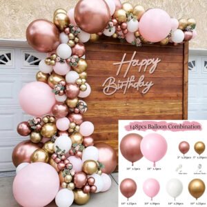 Balloon Garland Arch Kit,148pcs Rose Gold,Pink,White,Gold Premium Natural Latex Balloons Easy To Assemble With Included DIY Tools for Baby Birthday, Wedding, Birthday, Party Decorations