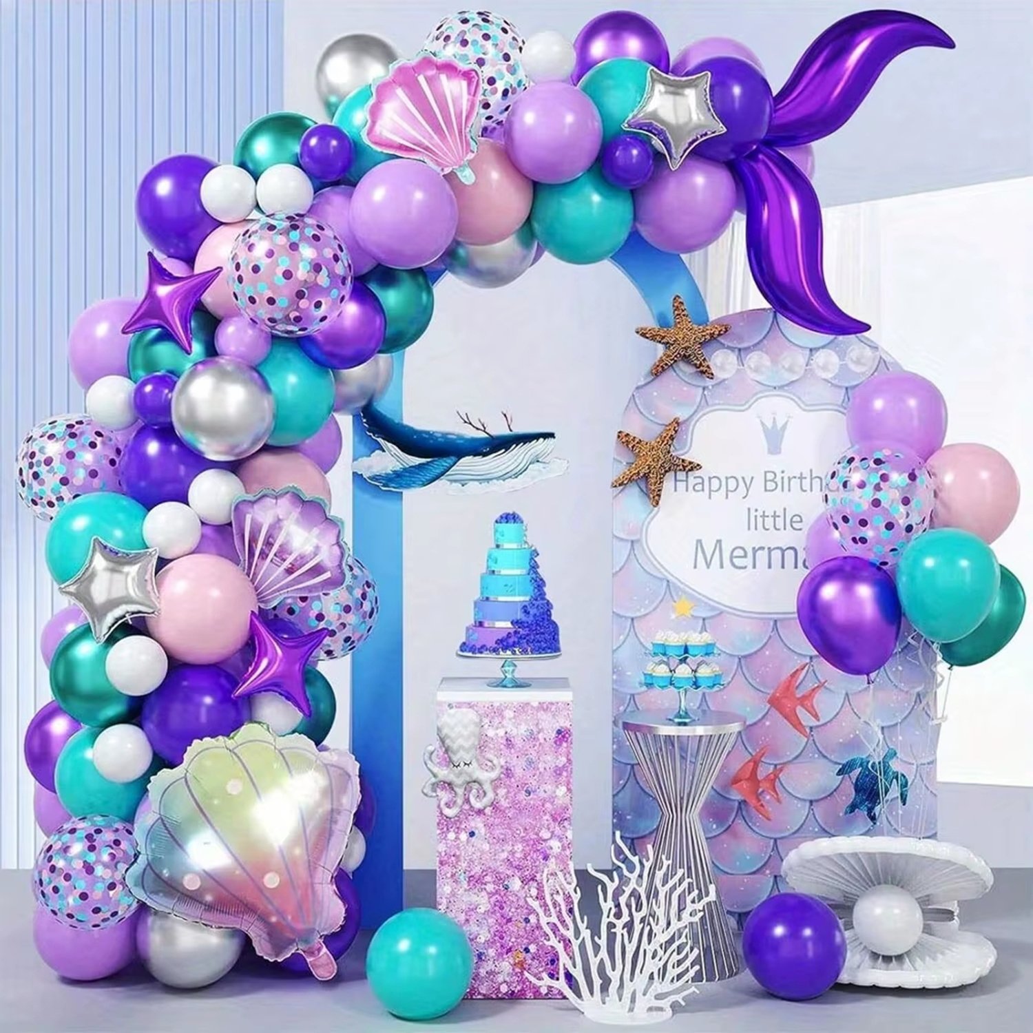 Mermaid Balloon Garland Arch Kit, Purple Teal Blue Clear Latex Balloons with Mermaid Tail Seashell Foil balloons for Girls Little mermaid Party Decorations Under the Sea Birthday Supplies - Image 6