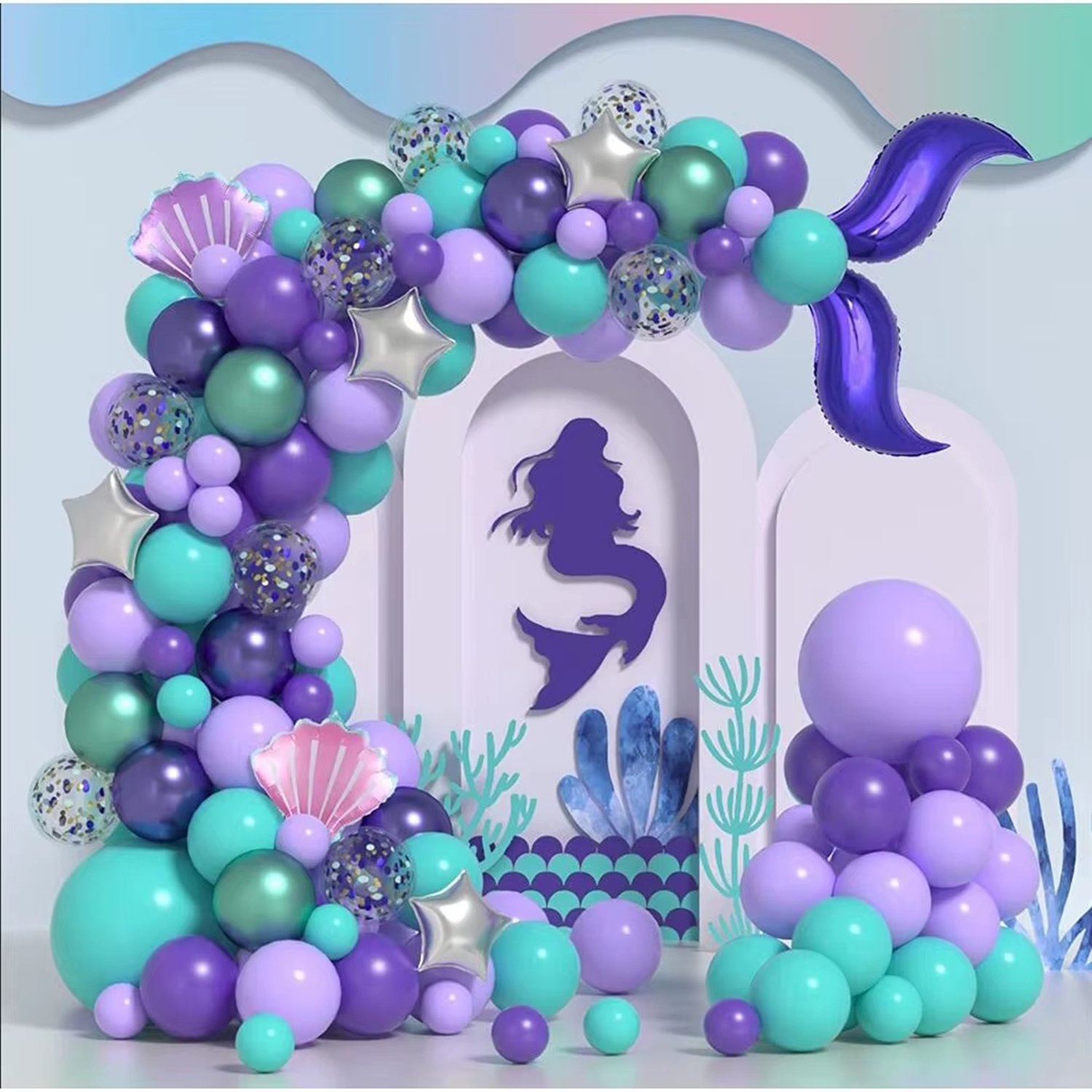 Mermaid Balloon Garland Arch Kit, Purple Teal Blue Clear Latex Balloons with Mermaid Tail Seashell Foil balloons for Girls Little mermaid Party Decorations Under the Sea Birthday Supplies - Image 7