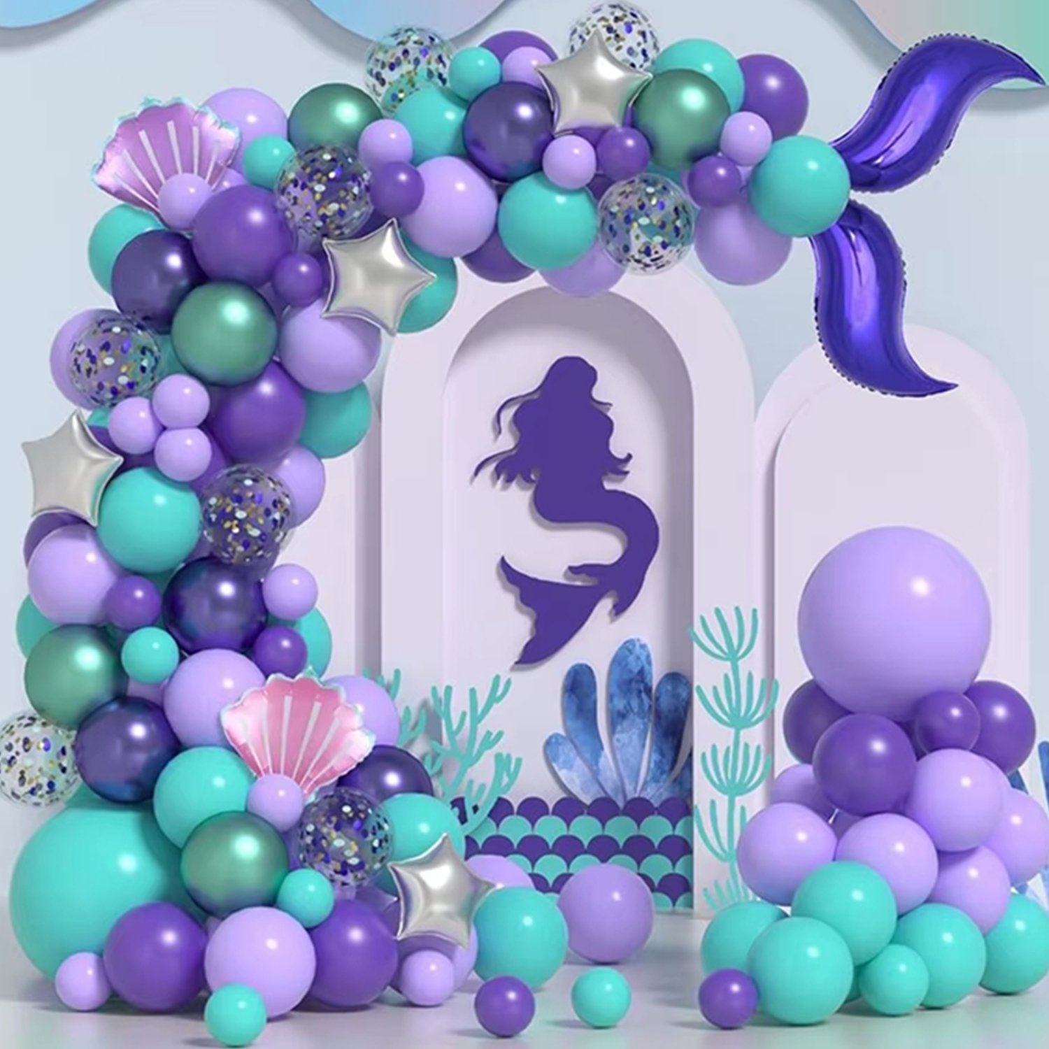 Mermaid Balloon Garland Arch Kit, Purple Teal Blue Clear Latex Balloons with Mermaid Tail Seashell Foil balloons for Girls Little mermaid Party Decorations Under the Sea Birthday Supplies - Image 8