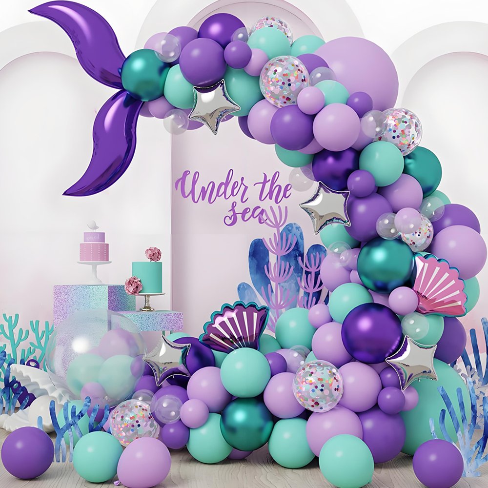 Mermaid Balloon Garland Arch Kit, Purple Teal Blue Clear Latex Balloons with Mermaid Tail Seashell Foil balloons for Girls Little mermaid Party Decorations Under the Sea Birthday Supplies - Image 5
