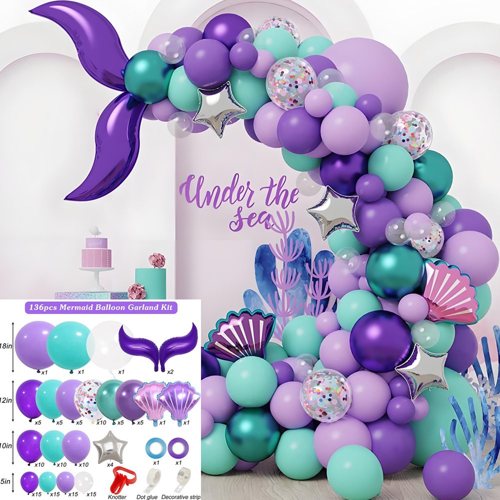 Mermaid Balloon Garland Arch Kit, Purple Teal Blue Clear Latex Balloons with Mermaid Tail Seashell Foil balloons for Girls Little mermaid Party Decorations Under the Sea Birthday Supplies - Image 2