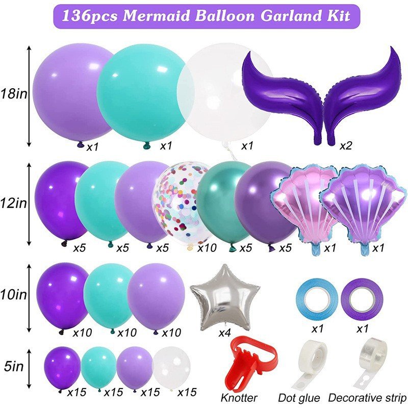 Mermaid Balloon Garland Arch Kit, Purple Teal Blue Clear Latex Balloons with Mermaid Tail Seashell Foil balloons for Girls Little mermaid Party Decorations Under the Sea Birthday Supplies - Image 3