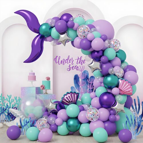 Balloon Garland Arch Kit Sea Theme, 136PCS Sea Maid Purple & Green Latex Balloons with DIY Tools, Easy Assembly for Birthday, Wedding & Party Decorations