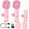 Wireless Lavalier Microphone for iPhone and Android, 2-Pack Mini Clip-On Mic with Noise Reduction Plug and Play for TikTok, YouTube Video Recording, Pink