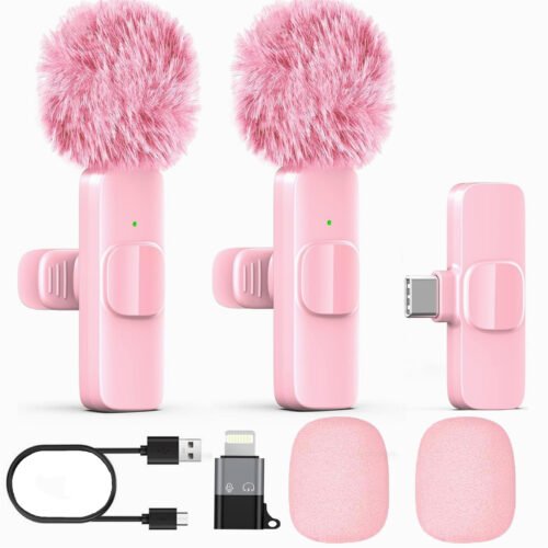 1.K9-Main-MYX-K9-PK Wireless Lavalier Microphone for iPhone and Android, 2-Pack Mini Clip-On Mic with Noise Reduction Plug and Play for TikTok, YouTube Video Recording, Pink