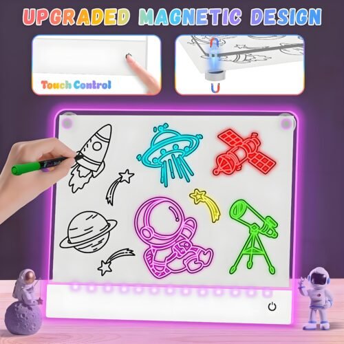 Rechargeable LED Drawing Board for Kids, Light Up Acrylic Tracing & Writing Board with 7 RGB Colors,6 Light Modes, Magnetic Paper Holder, USB-C Charging, Creative Gift for Boys & Girls