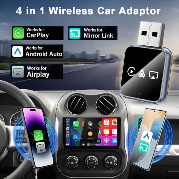 Wireless CarPlay Android Auto Adapter, 4-in-1 Car Dongle with AirPlay Mirror Link,2.4/5GHz WiFi & Bluetooth 5.0,Plug-and-Play with Auto-Reconnect,OEM Control Support