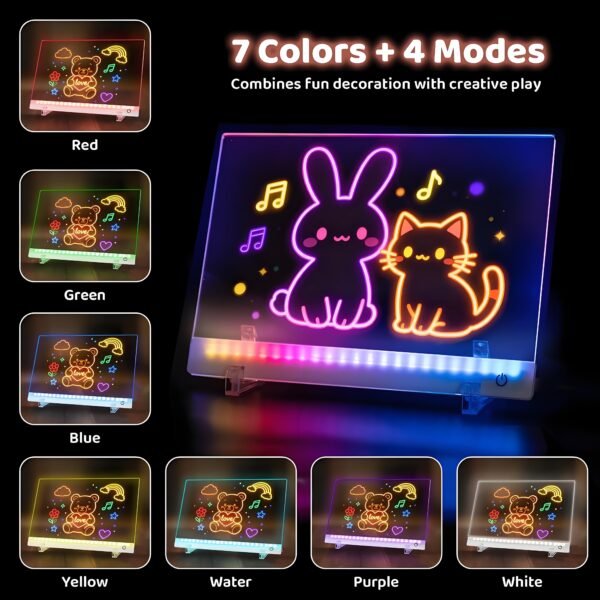 2.7 colors 4 modes-LEDBan-CX-35x25 Rechargeable LED Drawing Board for Kids, Light Up Acrylic Tracing & Writing Board with 7 RGB Colors,6 Light Modes, Magnetic Paper Holder, USB-C Charging, Creative Gift for Boys & Girls