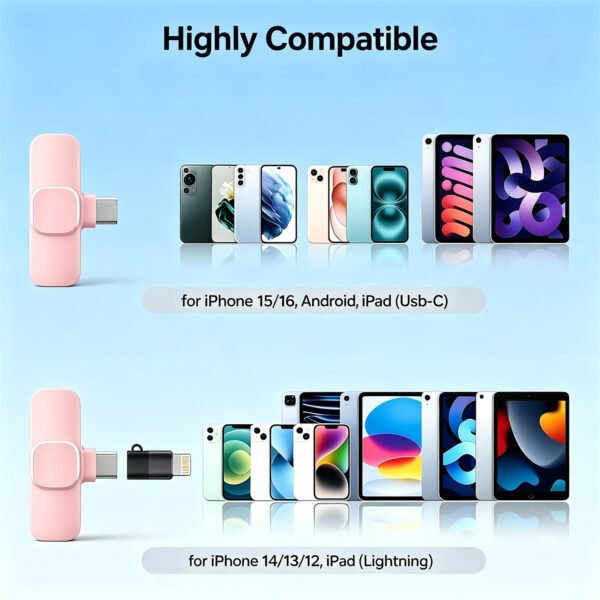 Wireless Lavalier Microphone for iPhone and Android, 2-Pack Mini Clip-On Mic with Noise Reduction Plug and Play for TikTok, YouTube Video Recording, Pink