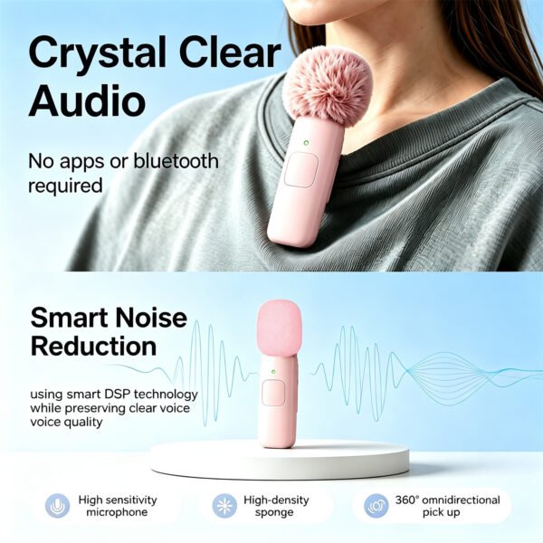Wireless Lavalier Microphone for iPhone and Android, 2-Pack Mini Clip-On Mic with Noise Reduction Plug and Play for TikTok, YouTube Video Recording, Pink