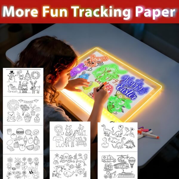 3.drawing cards-LEDBan-CX-40x30 Rechargeable LED Drawing Board for Kids, Light Up Acrylic Doodle Board with 7 RGB Colors,8 Drawing Tracing Templates,Boys and Girls Gift