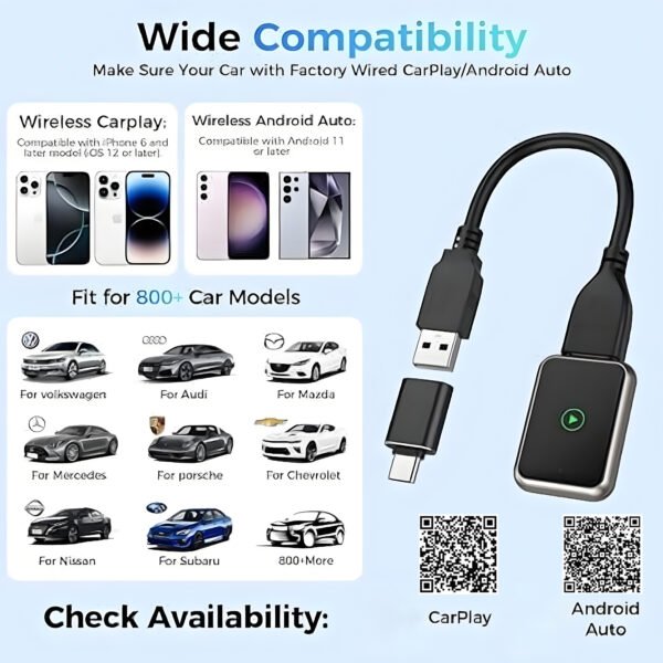 Wireless CarPlay & Android Auto Adapter, 2-in-1 Plug-and-Play Wireless Car Dongle with Fast Stable Chip, Auto Connect, Compatible with 800+ Cars,USB & Type-C