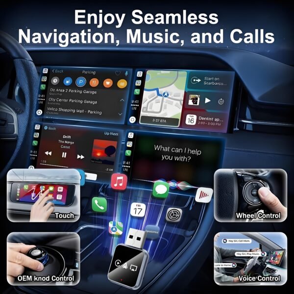 Wireless CarPlay Android Auto Adapter, 4-in-1 Car Dongle with AirPlay Mirror Link,2.4/5GHz WiFi & Bluetooth 5.0,Plug-and-Play with Auto-Reconnect,OEM Control Support