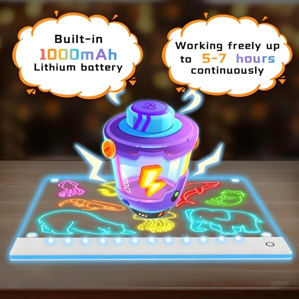 4.battery-LEDBan-CX-35x25 Rechargeable LED Drawing Board for Kids, Light Up Acrylic Tracing & Writing Board with 7 RGB Colors,6 Light Modes, Magnetic Paper Holder, USB-C Charging, Creative Gift for Boys & Girls
