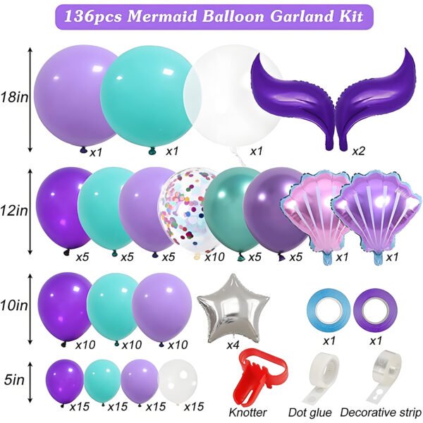Balloon Garland Arch Kit Sea Theme, 136PCS Sea Maid Purple & Green Latex Balloons with DIY Tools, Easy Assembly for Birthday, Wedding & Party Decorations